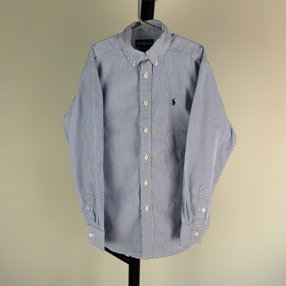 Ralph Lauren Kids Blue White Striped Button Down Shirt Size M 10-12 Pony Logo